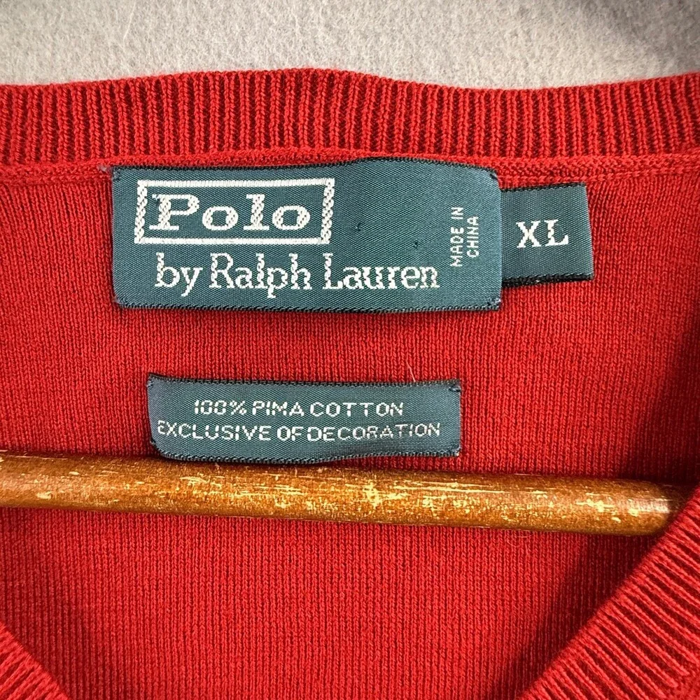 Polo Ralph Lauren Mens XL Red 100% Pima Cotton V-Neck Sweater Vest Blue Pony